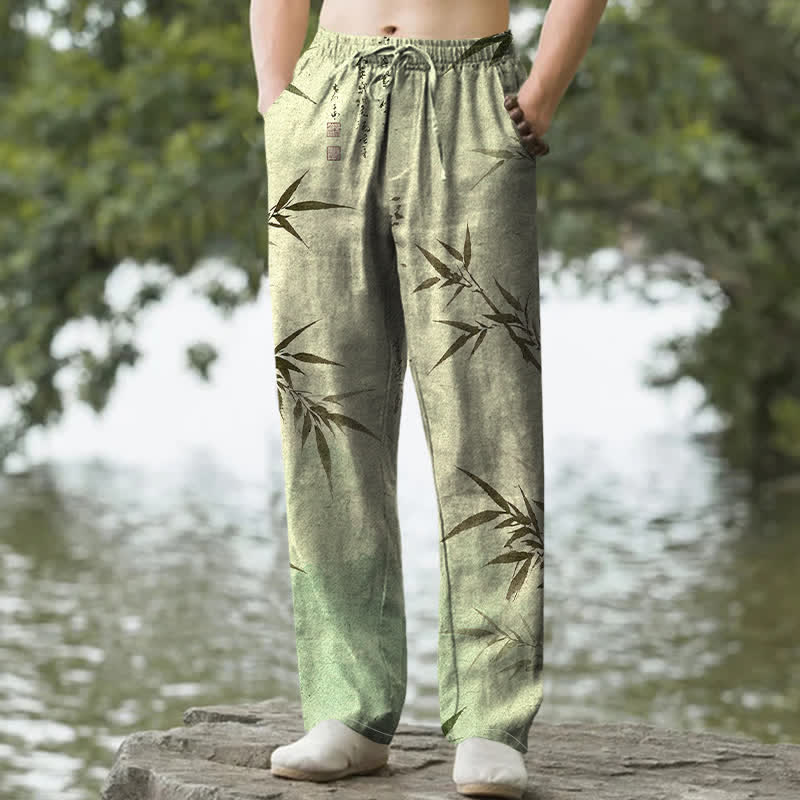 Buddha Stones Pantalon fuselé pour homme avec poches, imprimé feuilles de bambou et encre de coton - Vert foncé - US/UK/AU50，EU60 (5XL) - image 4