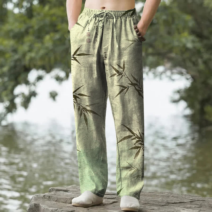 Buddha Stones Pantalon fuselé pour homme avec poches, imprimé feuilles de bambou et encre de coton - Vert foncé - US/UK/AU50，EU60 (5XL) - image 4