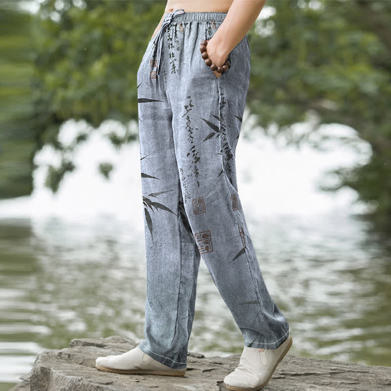 Buddha Stones Pantalon fuselé pour homme avec poches, imprimé feuilles de bambou et encre de coton - image 9
