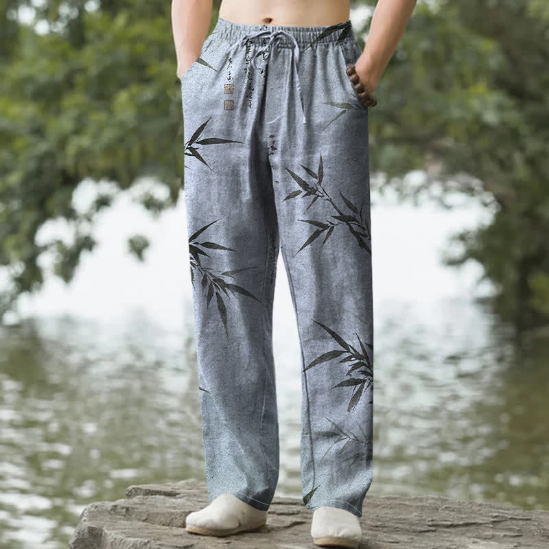 Buddha Stones Pantalon fuselé pour homme avec poches, imprimé feuilles de bambou et encre de coton - Bleu poudré - US/UK/AU50，EU60 (5XL) - image 8