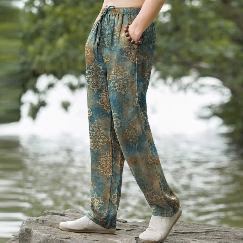 Buddha Stones Pantalon fuselé pour homme en coton à motif baroque vintage avec poches - image 1