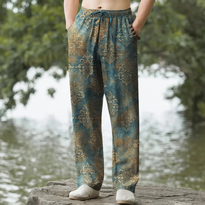 Buddha Stones Pantalon fuselé pour homme en coton à motif baroque vintage avec poches - Sarcelle - US/UK/AU50，EU60 (5XL) - image 0