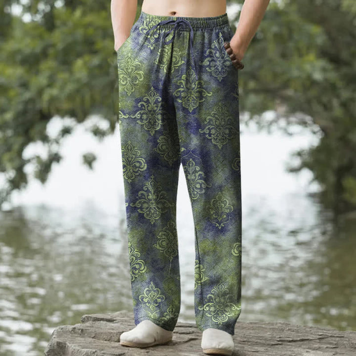 Buddha Stones Pantalon fuselé pour homme en coton à motif baroque vintage avec poches - Vert olive - US/UK/AU50，EU60 (5XL) - image 4