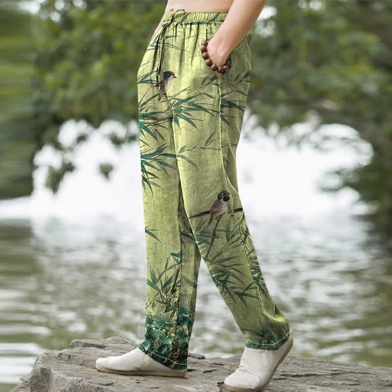 Buddha Stones Pantalon fuselé pour homme en coton et bambou à motif d'oiseaux, avec poches - image 1