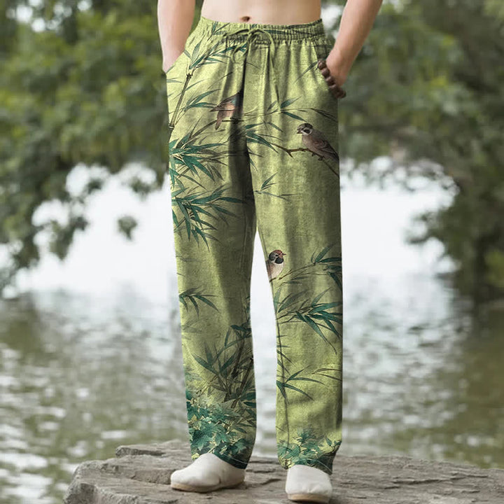Buddha Stones Pantalon fuselé pour homme en coton et bambou à motif d'oiseaux, avec poches - Vert olive - US/UK/AU50，EU60 (5XL) - image 0