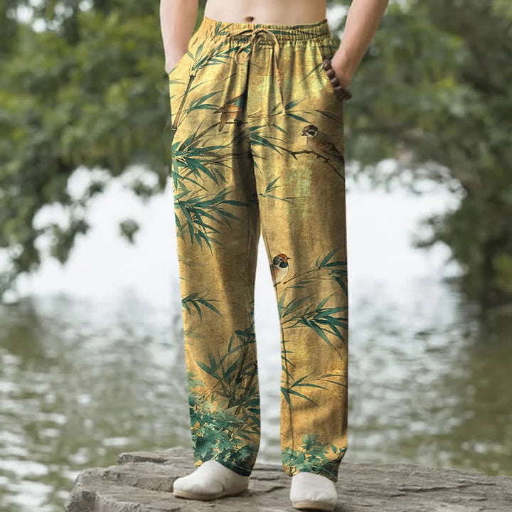 Buddha Stones Pantalon fuselé pour homme en coton et bambou à motif d'oiseaux, avec poches - verge d'or - US/UK/AU50，EU60 (5XL) - image 4