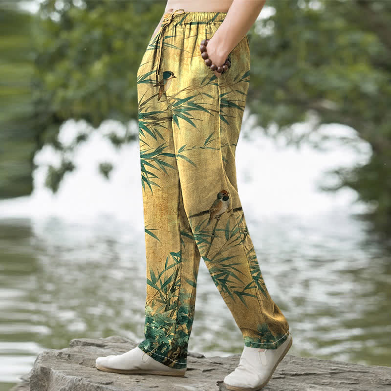 Buddha Stones Pantalon fuselé pour homme en coton et bambou à motif d'oiseaux, avec poches - image 5