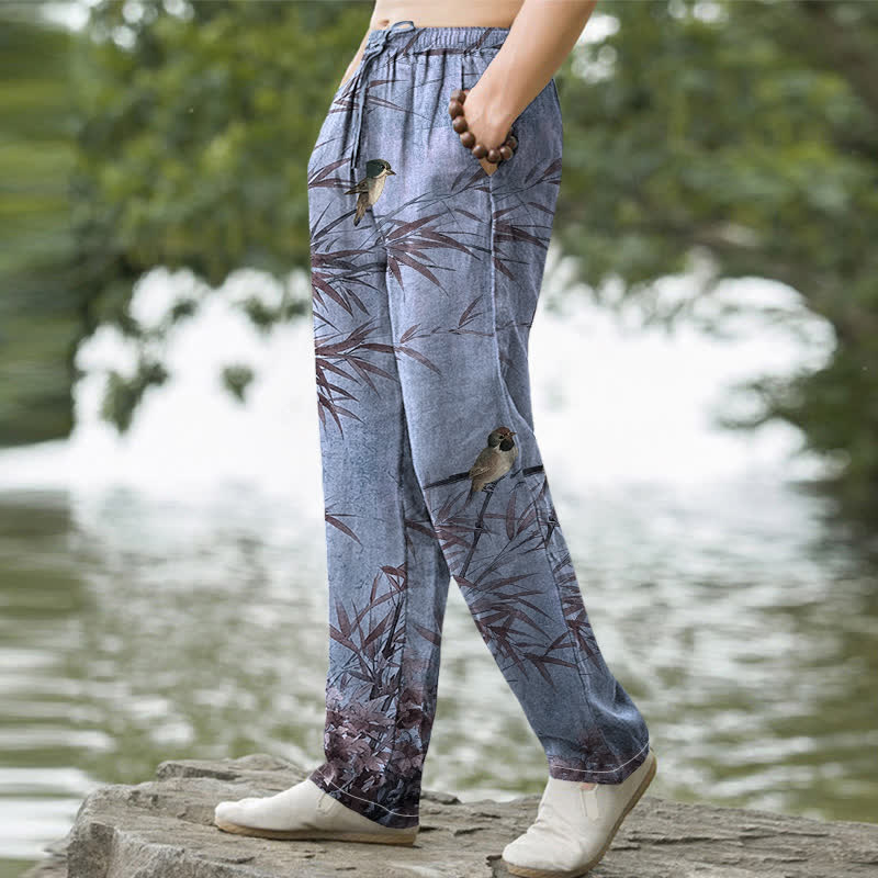 Buddha Stones Pantalon fuselé pour homme en coton et bambou à motif d'oiseaux, avec poches - image 9