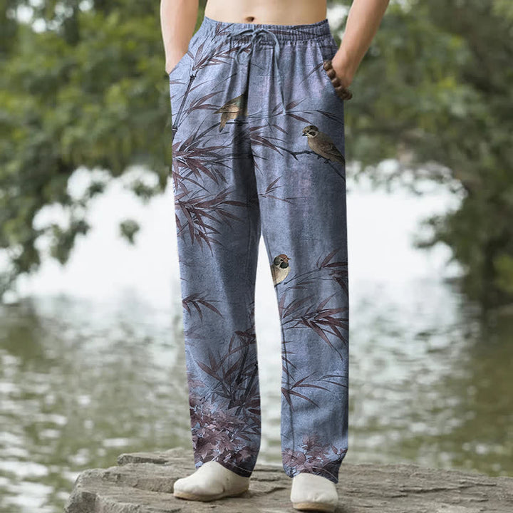 Buddha Stones Pantalon fuselé pour homme en coton et bambou à motif d'oiseaux, avec poches - Gris ardoise - US/UK/AU50，EU60 (5XL) - image 8
