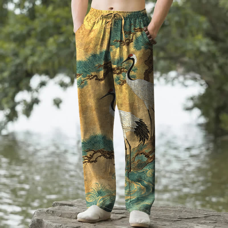 Buddha Stones Pantalon fuselé pour homme en coton à motif de grues et de pins, avec poches - Or - US/UK/AU50，EU60 (5XL) - image 0