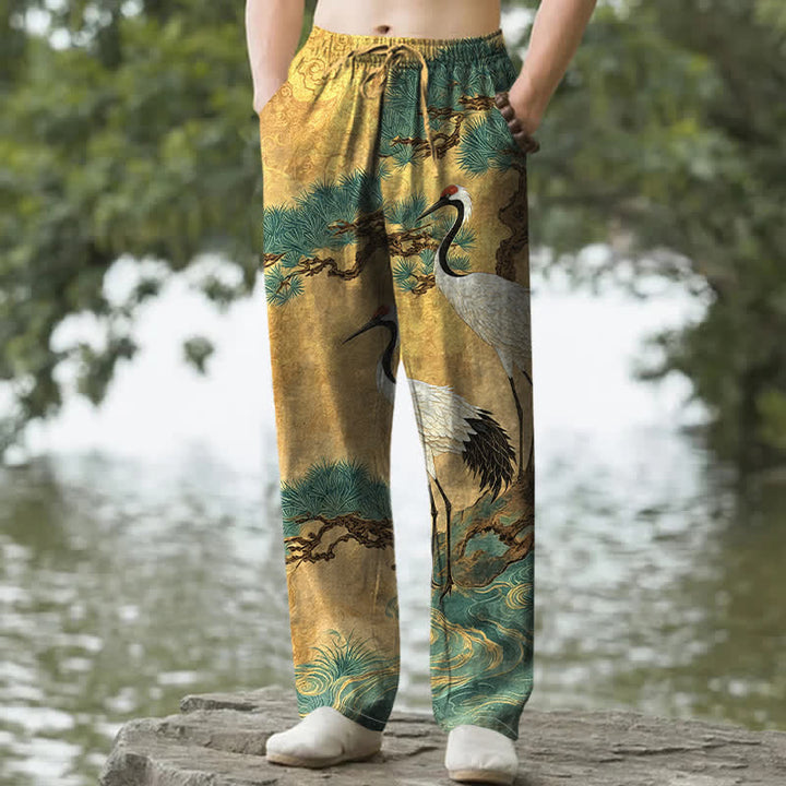 Buddha Stones Pantalon fuselé pour homme en coton à motif de grues et de pins, avec poches - Or - US/UK/AU50，EU60 (5XL) - image 0