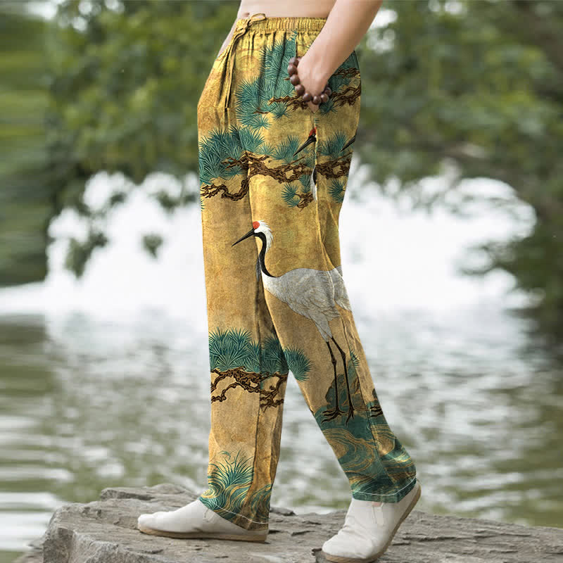 Buddha Stones Pantalon fuselé pour homme en coton à motif de grues et de pins, avec poches - image 1