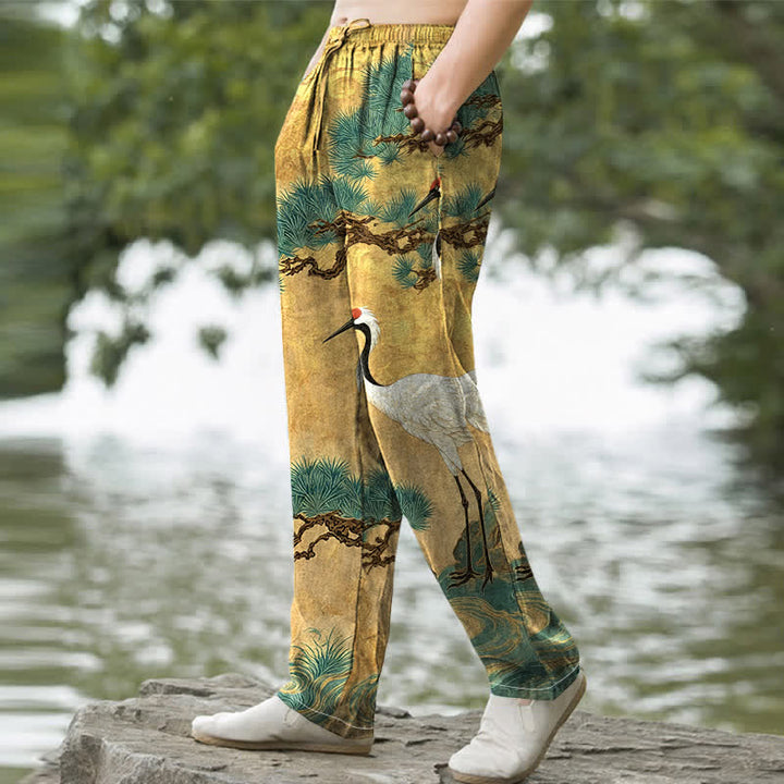 Buddha Stones Pantalon fuselé pour homme en coton à motif de grues et de pins, avec poches - image 1