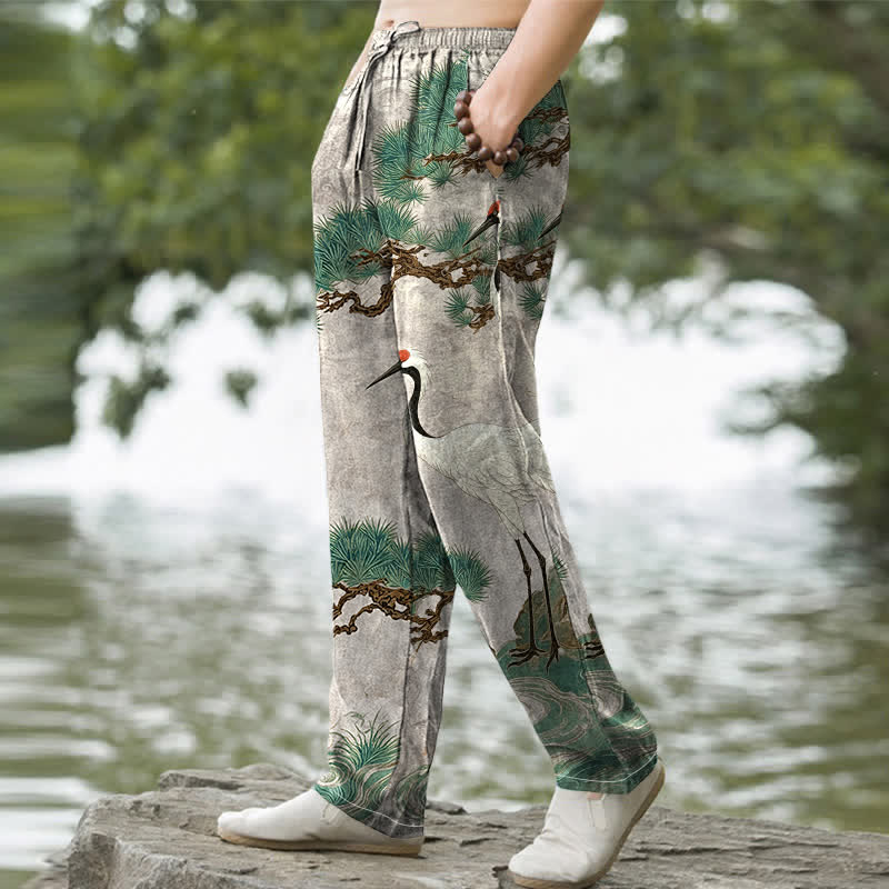 Buddha Stones Pantalon fuselé pour homme en coton à motif de grues et de pins, avec poches - image 5