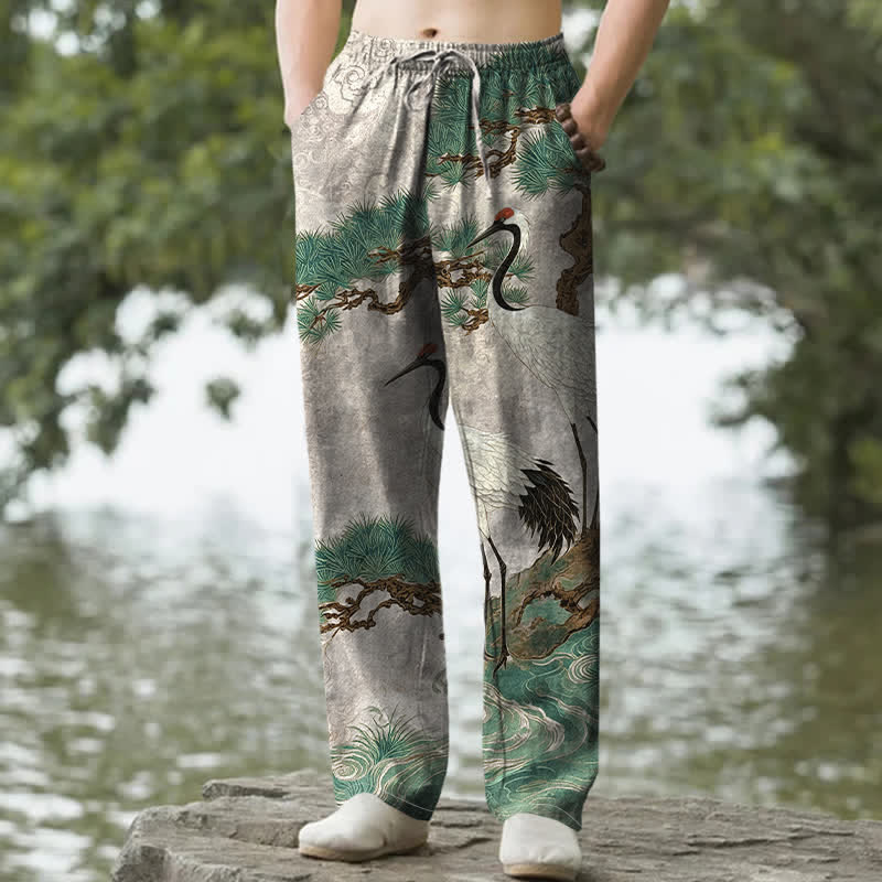 Buddha Stones Pantalon fuselé pour homme en coton à motif de grues et de pins, avec poches - Gainsboro - US/UK/AU50，EU60 (5XL) - image 4