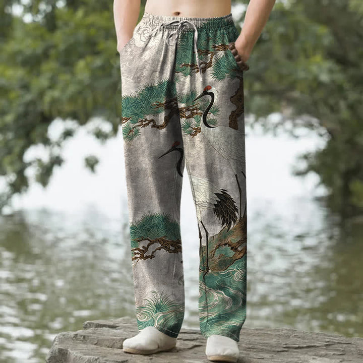 Buddha Stones Pantalon fuselé pour homme en coton à motif de grues et de pins, avec poches - Gainsboro - US/UK/AU50，EU60 (5XL) - image 4