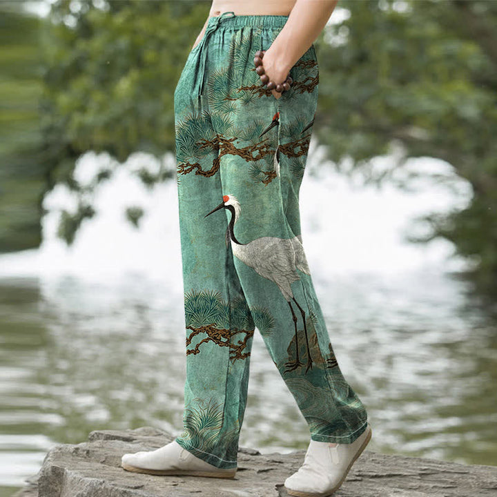 Buddha Stones Pantalon fuselé pour homme en coton à motif de grues et de pins, avec poches - image 9
