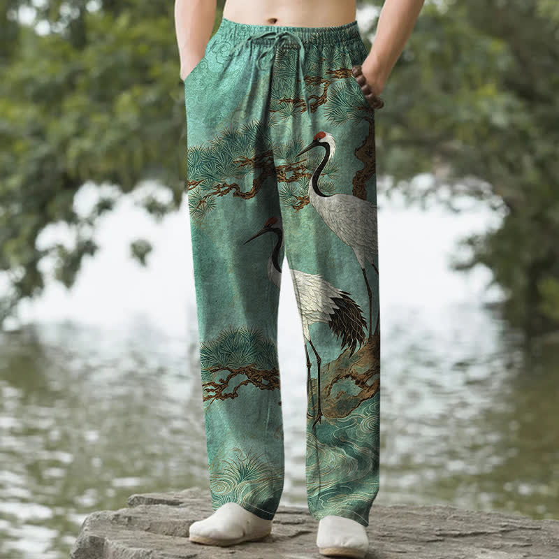 Buddha Stones Pantalon fuselé pour homme en coton à motif de grues et de pins, avec poches - Aigue-marine moyenne - US/UK/AU50，EU60 (5XL) - image 8