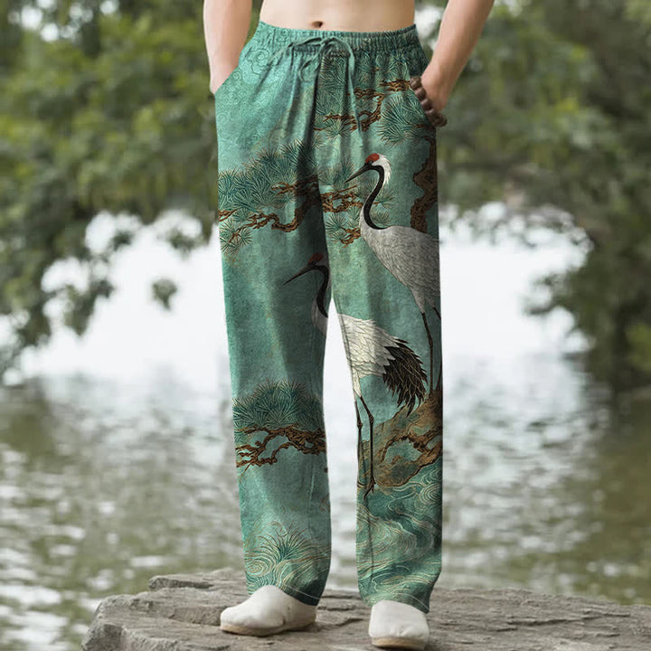 Buddha Stones Pantalon fuselé pour homme en coton à motif de grues et de pins, avec poches - Aigue-marine moyenne - US/UK/AU50，EU60 (5XL) - image 8