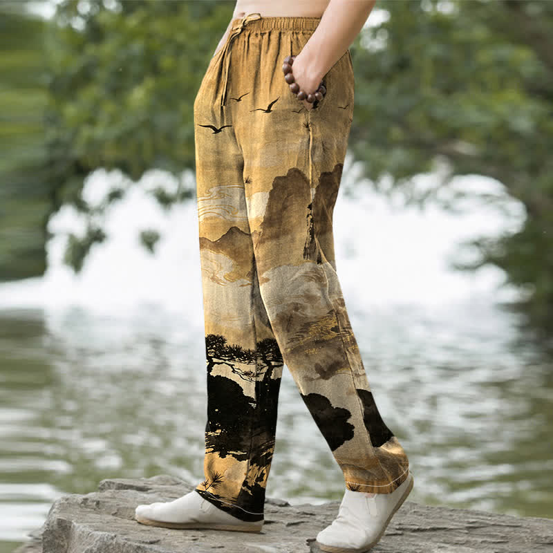 Buddha Stones Pantalon fuselé pour homme avec poches, motif paysage Cotton Ink - image 1