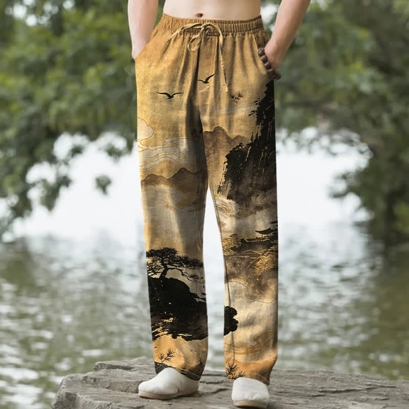 Buddha Stones Pantalon fuselé pour homme avec poches, motif paysage Cotton Ink - verge d'or - US/UK/AU50，EU60 (5XL) - image 0
