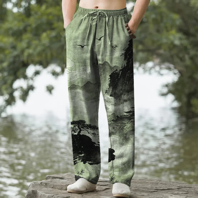 Buddha Stones Pantalon fuselé pour homme avec poches, motif paysage Cotton Ink - Vert foncé - US/UK/AU50，EU60 (5XL) - image 4