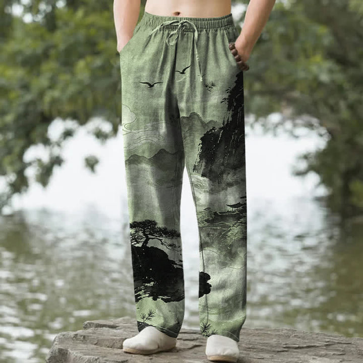 Buddha Stones Pantalon fuselé pour homme avec poches, motif paysage Cotton Ink - Vert foncé - US/UK/AU50，EU60 (5XL) - image 4