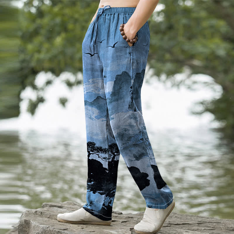 Buddha Stones Pantalon fuselé pour homme avec poches, motif paysage Cotton Ink - image 9