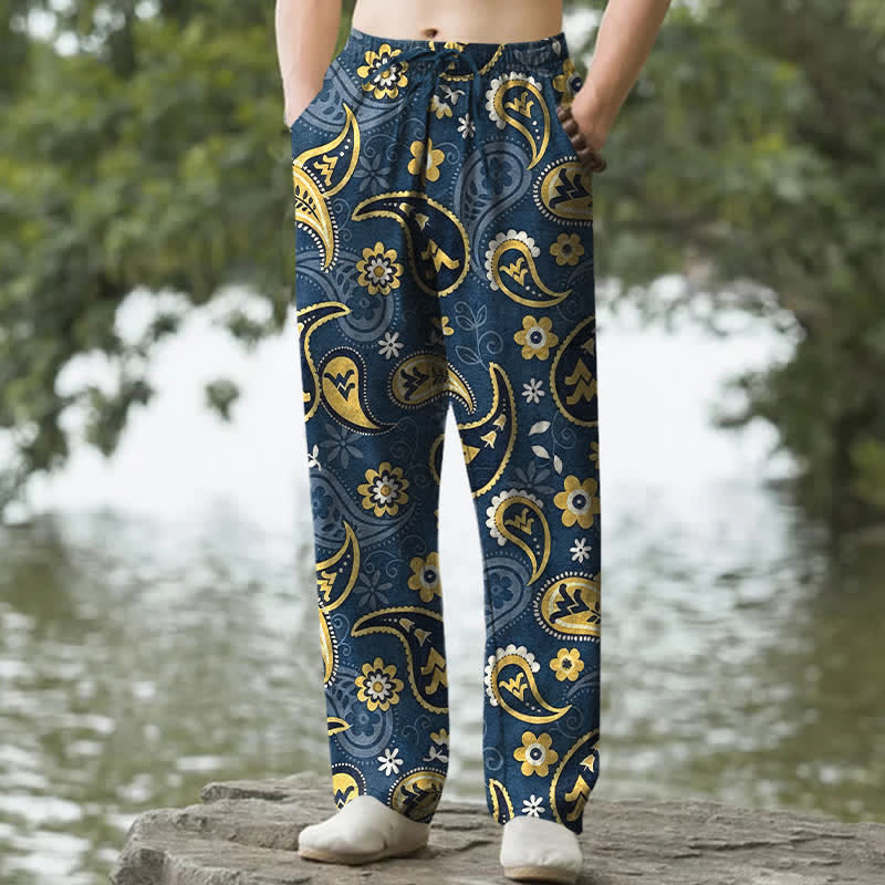 Buddha Stones Pantalon fuselé pour homme en coton à motif floral cachemire, avec poches - SteelBlue - US/UK/AU50，EU60 (5XL) - image 0
