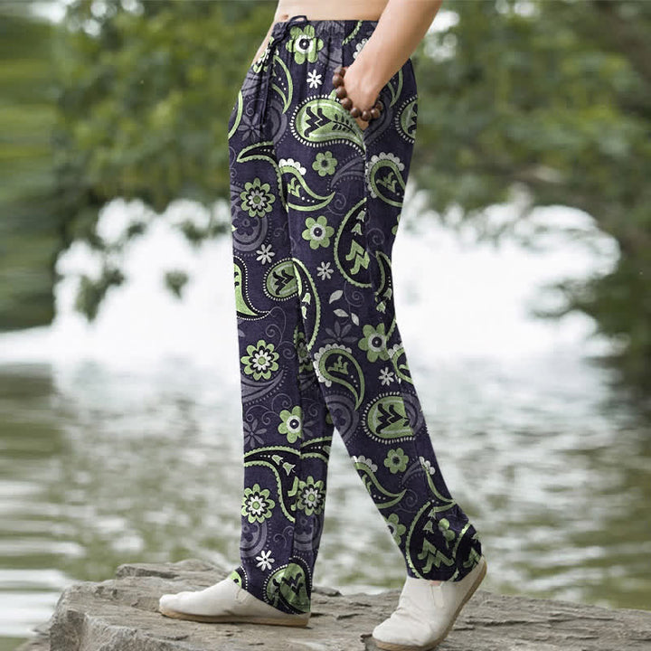 Buddha Stones Pantalon fuselé pour homme en coton à motif floral cachemire, avec poches - image 9