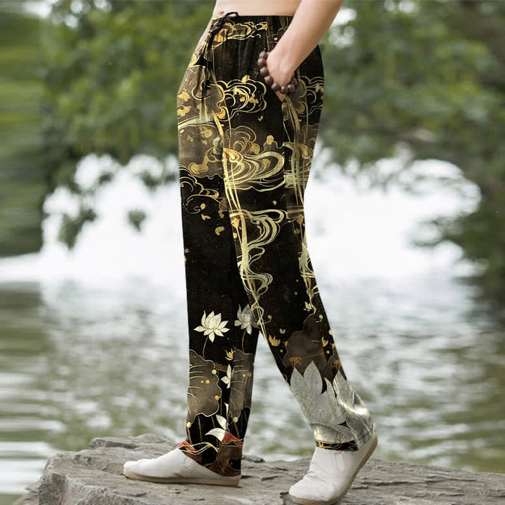 Buddha Stones Pantalon fuselé pour homme en coton à motif nuage de lotus, avec poches - image 1
