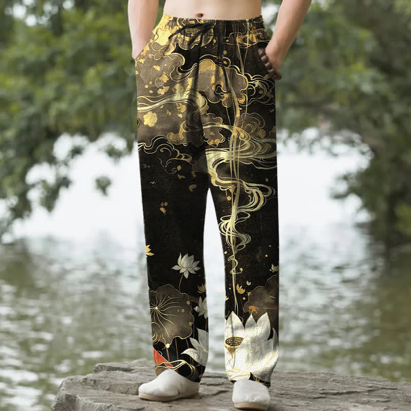 Buddha Stones Pantalon fuselé pour homme en coton à motif nuage de lotus, avec poches - Noir - US/UK/AU50，EU60 (5XL) - image 0