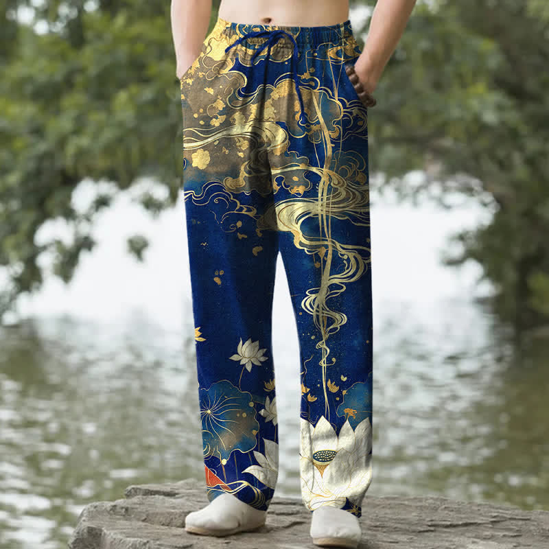 Buddha Stones Pantalon fuselé pour homme en coton à motif nuage de lotus, avec poches - Marine - US/UK/AU50，EU60 (5XL) - image 4
