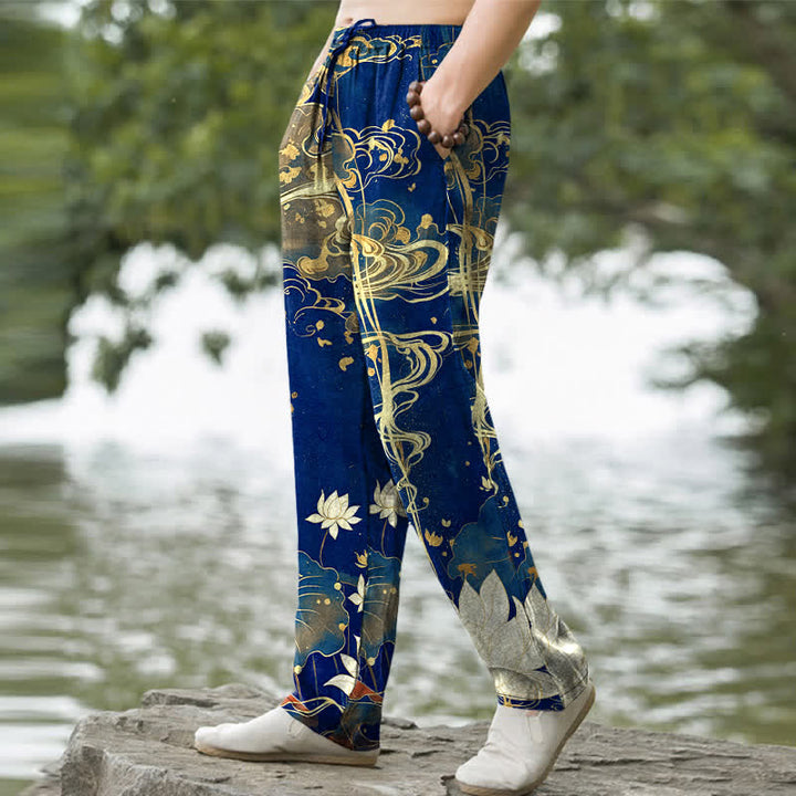 Buddha Stones Pantalon fuselé pour homme en coton à motif nuage de lotus, avec poches - image 5