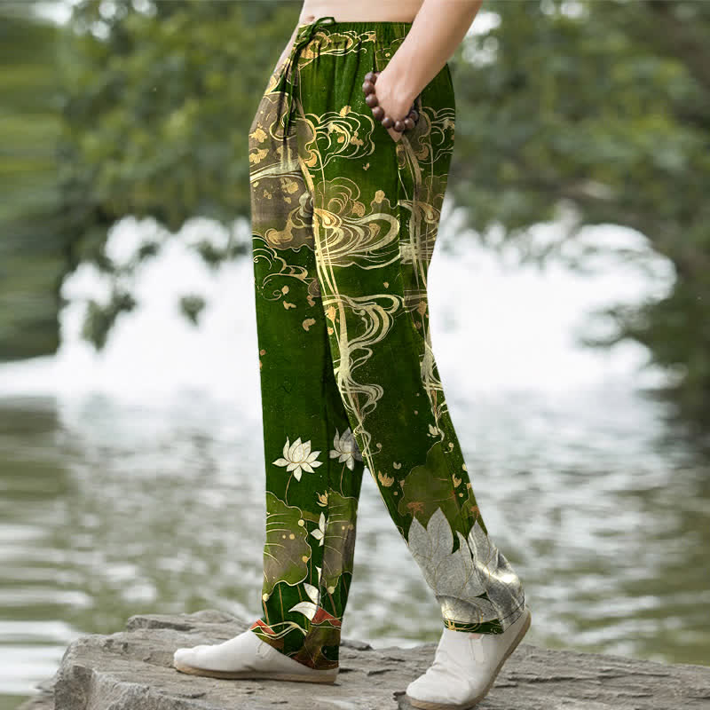Buddha Stones Pantalon fuselé pour homme en coton à motif nuage de lotus, avec poches - image 9