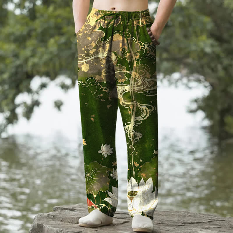 Buddha Stones Pantalon fuselé pour homme en coton à motif nuage de lotus, avec poches - Vert forêt - US/UK/AU50，EU60 (5XL) - image 8