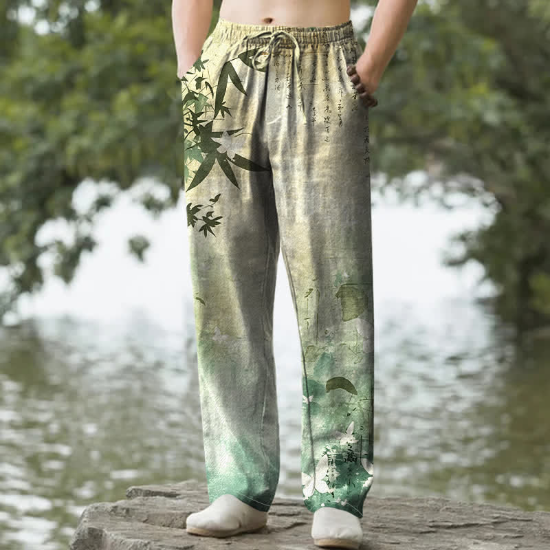 Buddha Stones Pantalon fuselé pour homme en coton imprimé bambou avec poches - JauneVert - US/UK/AU50，EU60 (5XL) - image 0