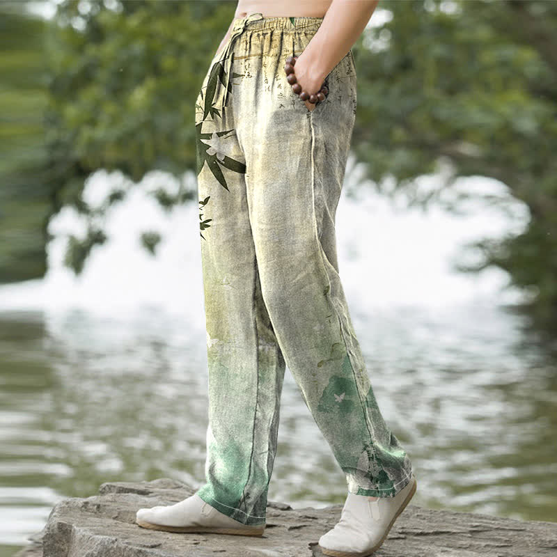 Buddha Stones Pantalon fuselé pour homme en coton imprimé bambou avec poches - image 1