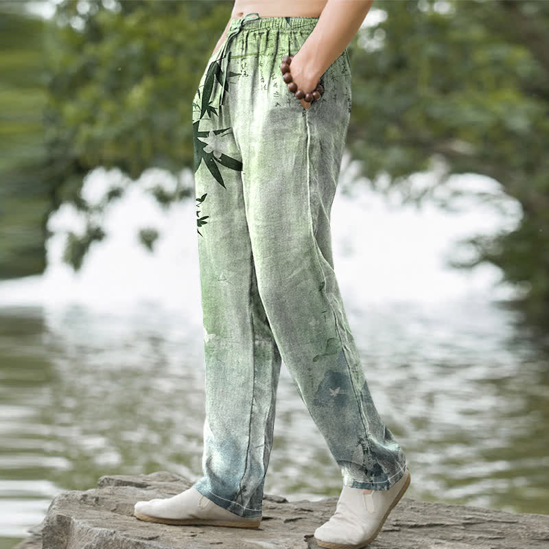 Buddha Stones Pantalon fuselé pour homme en coton imprimé bambou avec poches - image 5