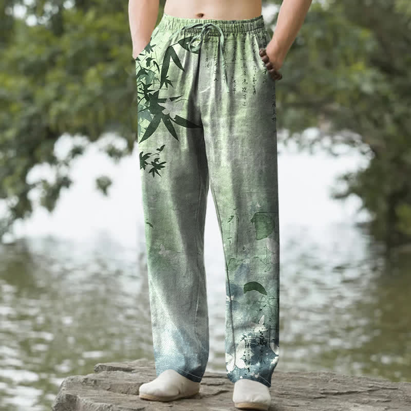 Buddha Stones Pantalon fuselé pour homme en coton imprimé bambou avec poches - Vert clair - US/UK/AU50，EU60 (5XL) - image 4