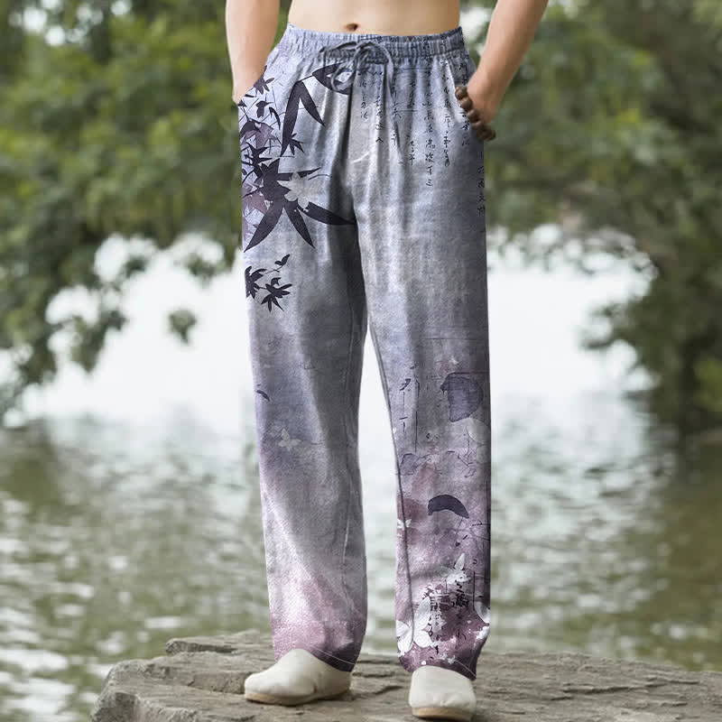 Buddha Stones Pantalon fuselé pour homme en coton imprimé bambou avec poches - Lavande - US/UK/AU50，EU60 (5XL) - image 8