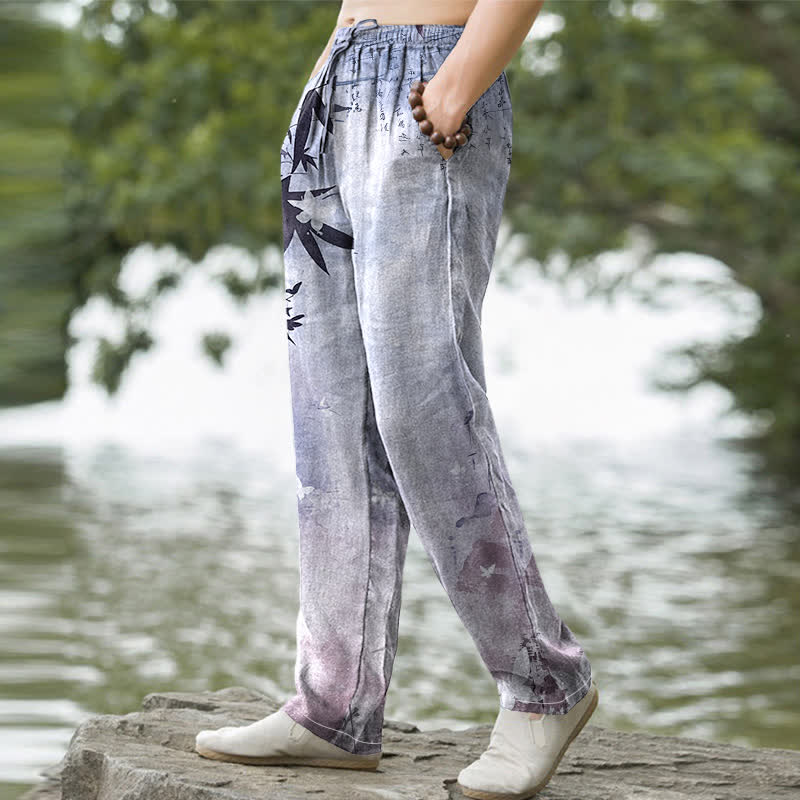 Buddha Stones Pantalon fuselé pour homme en coton imprimé bambou avec poches - image 9