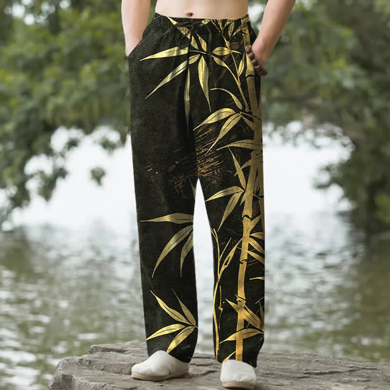 Buddha Stones Pantalon fuselé pour homme en coton à motif de feuilles de bambou dorées, avec poches - Noir - US/UK/AU50，EU60 (5XL) - image 0