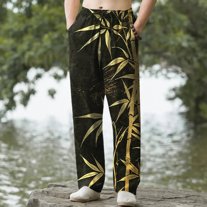 Buddha Stones Pantalon fuselé pour homme en coton à motif de feuilles de bambou dorées, avec poches - Noir - US/UK/AU50，EU60 (5XL) - image 0