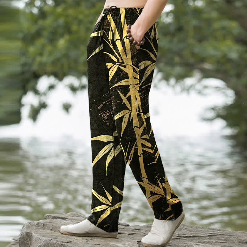 Buddha Stones Pantalon fuselé pour homme en coton à motif de feuilles de bambou dorées, avec poches - image 1