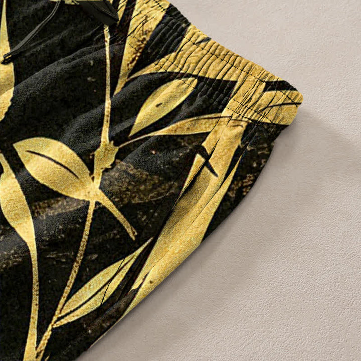 Buddha Stones Pantalon fuselé pour homme en coton à motif de feuilles de bambou dorées, avec poches - image 3