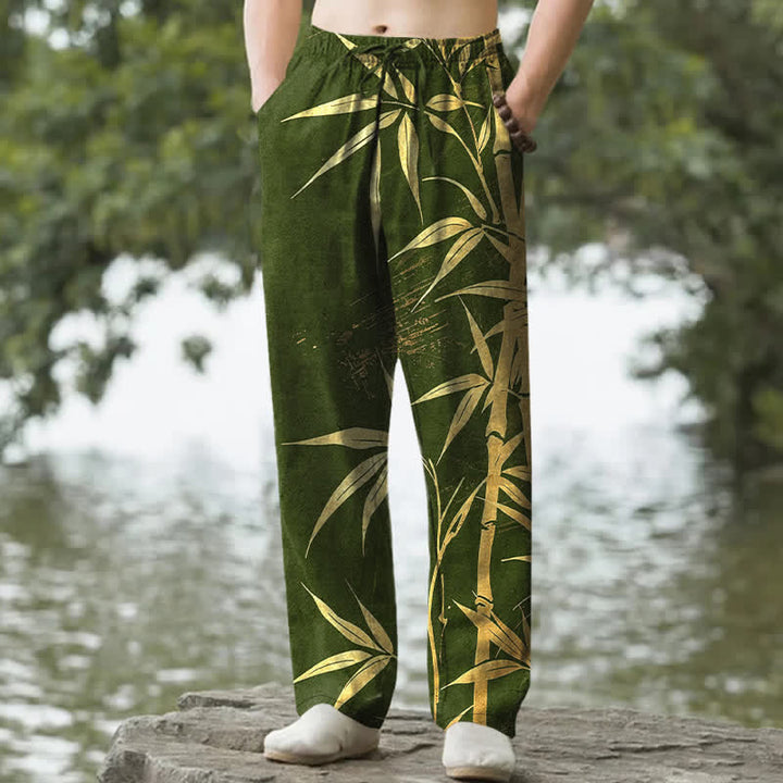 Buddha Stones Pantalon fuselé pour homme en coton à motif de feuilles de bambou dorées, avec poches - Vert olive foncé - US/UK/AU50，EU60 (5XL) - image 4