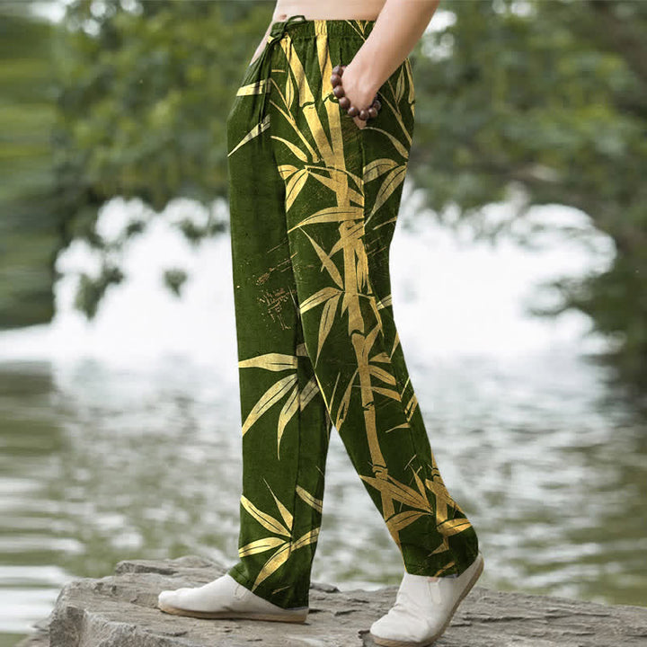 Buddha Stones Pantalon fuselé pour homme en coton à motif de feuilles de bambou dorées, avec poches - image 5