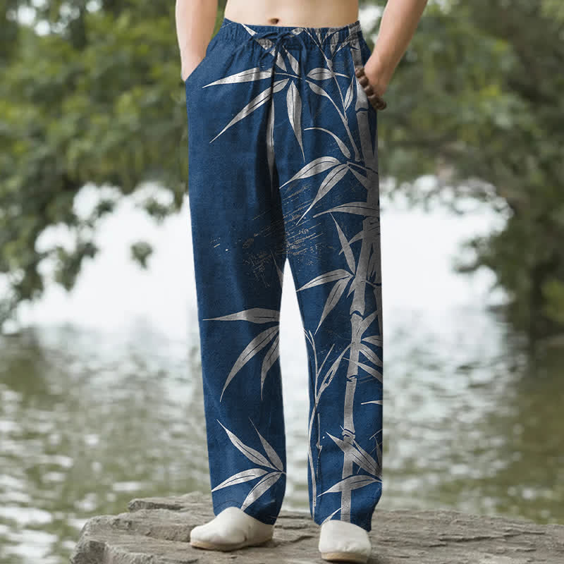 Buddha Stones Pantalon fuselé pour homme en coton à motif de feuilles de bambou dorées, avec poches - Marine - US/UK/AU50，EU60 (5XL) - image 8
