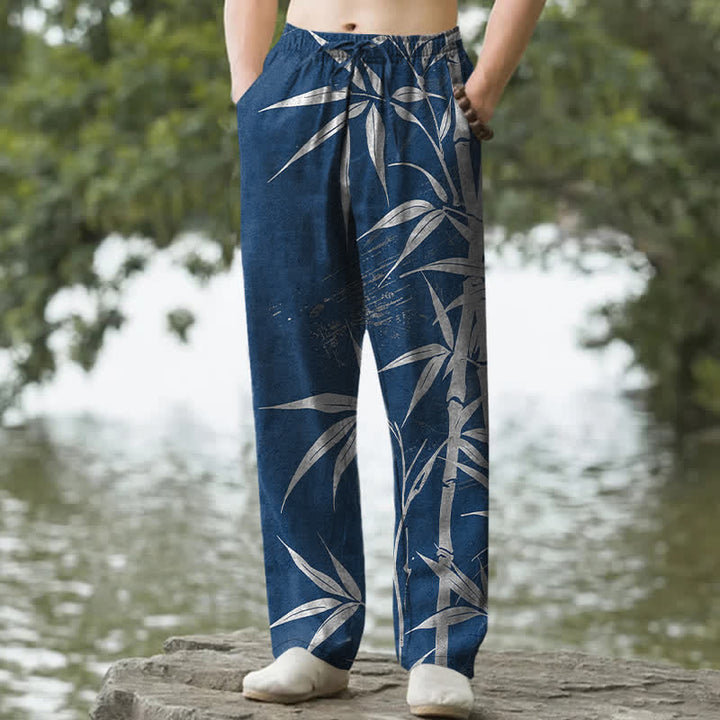 Buddha Stones Pantalon fuselé pour homme en coton à motif de feuilles de bambou dorées, avec poches - Marine - US/UK/AU50，EU60 (5XL) - image 8